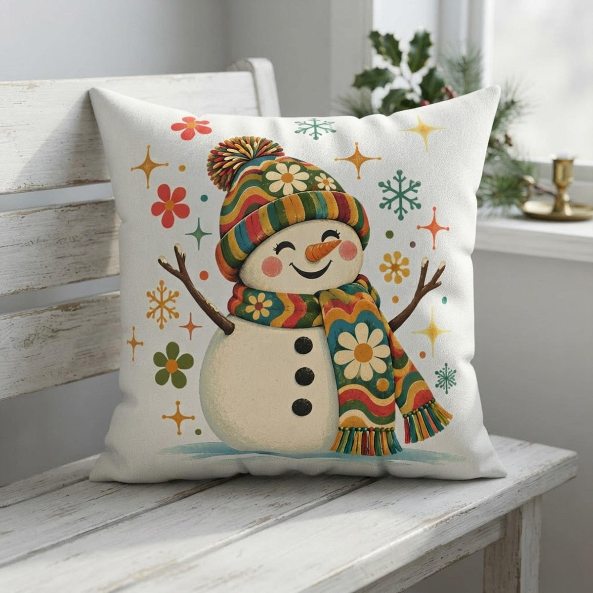 Retro Floral Snowman Faux Suede Pillow | Cozy Winter Holiday Decor