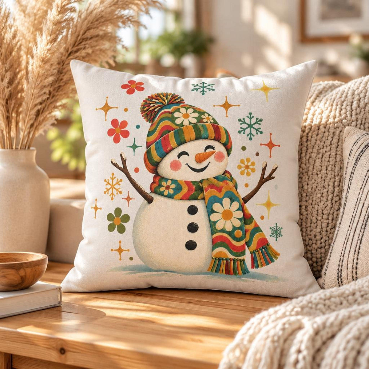 Retro Floral Snowman Faux Suede Pillow | Cozy Winter Holiday Decor
