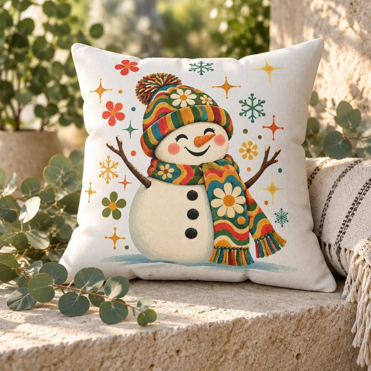 Retro Floral Snowman Faux Suede Pillow | Cozy Winter Holiday Decor