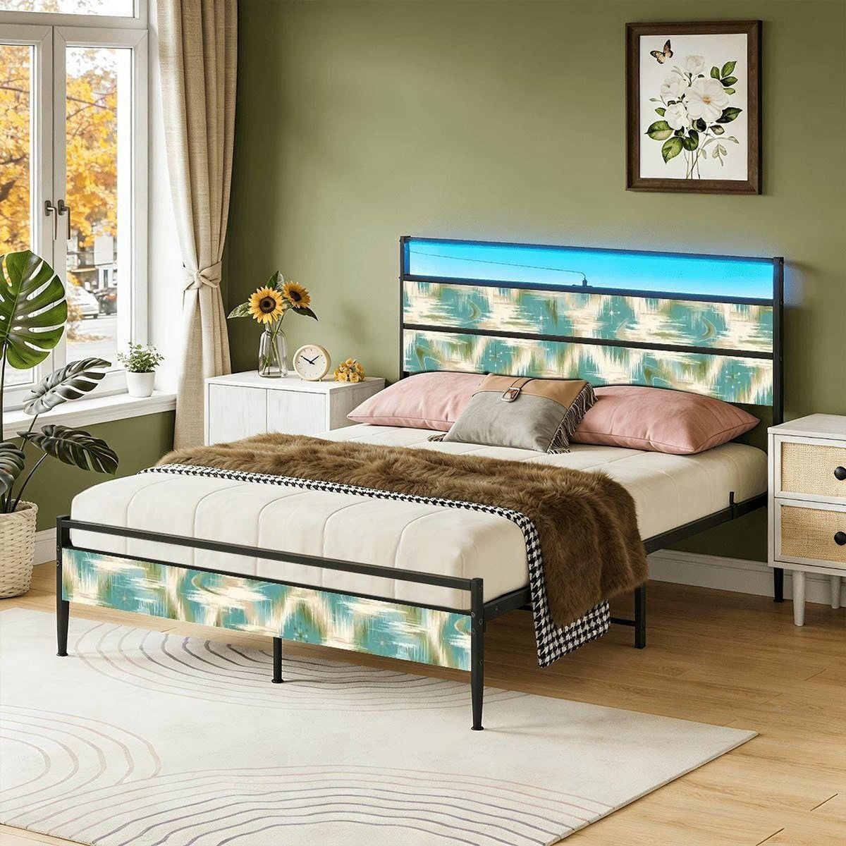 Retro Bed Frame, Teal Iron and Wood Furniture with LED Lighting and USB Ports