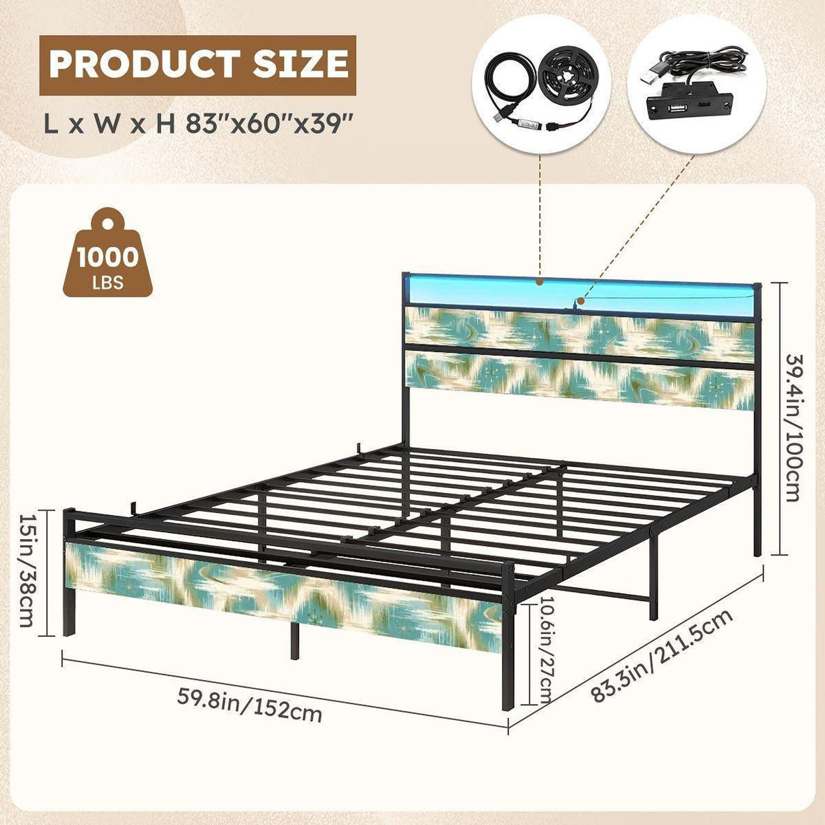 Retro Bed Frame, Teal Iron and Wood Furniture with LED Lighting and USB Ports