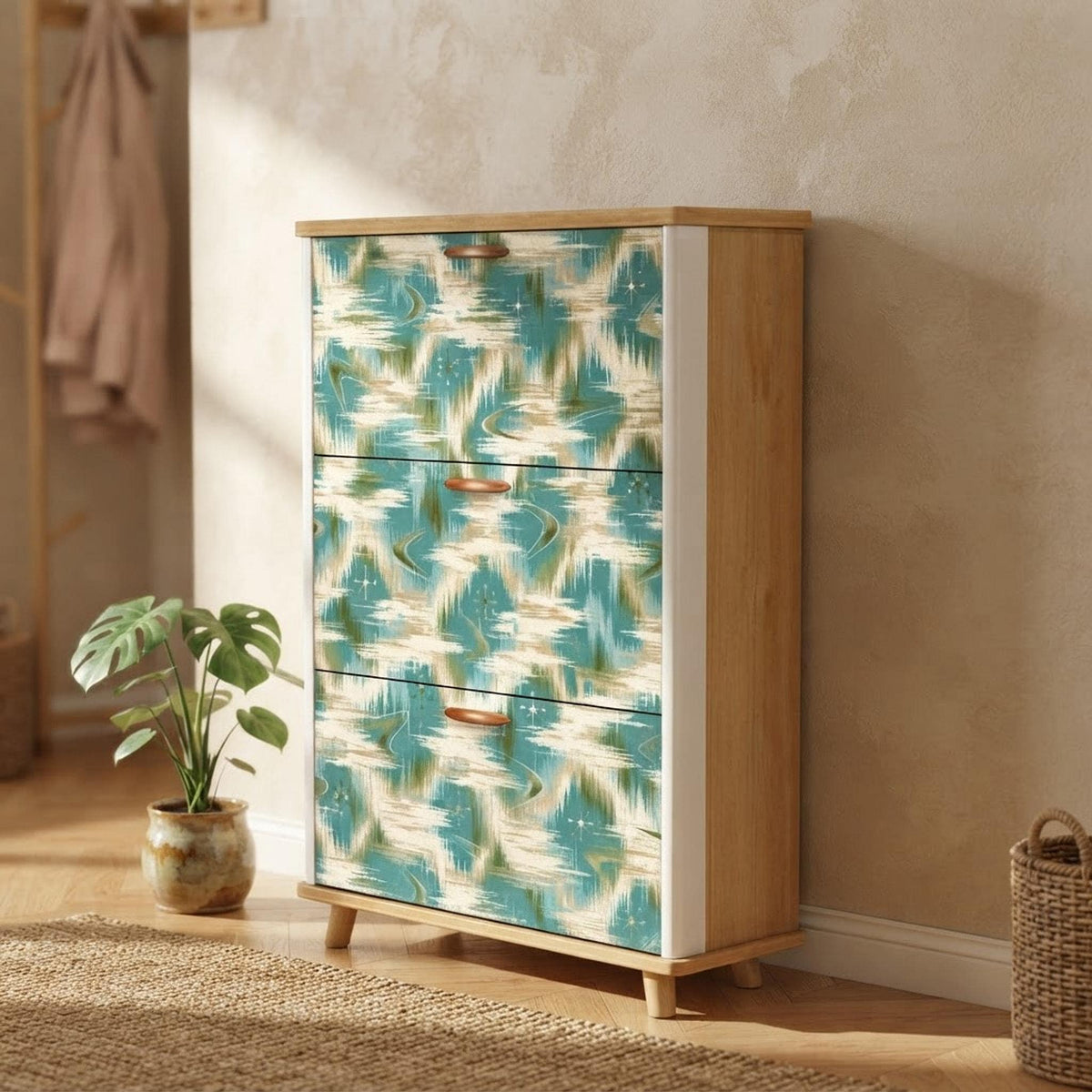 Retro Shoe Cabinet, Teal MDF Entryway Storage with 3 Flip Drawers