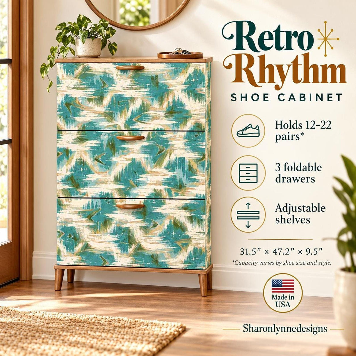 Retro Shoe Cabinet, Teal MDF Entryway Storage with 3 Flip Drawers