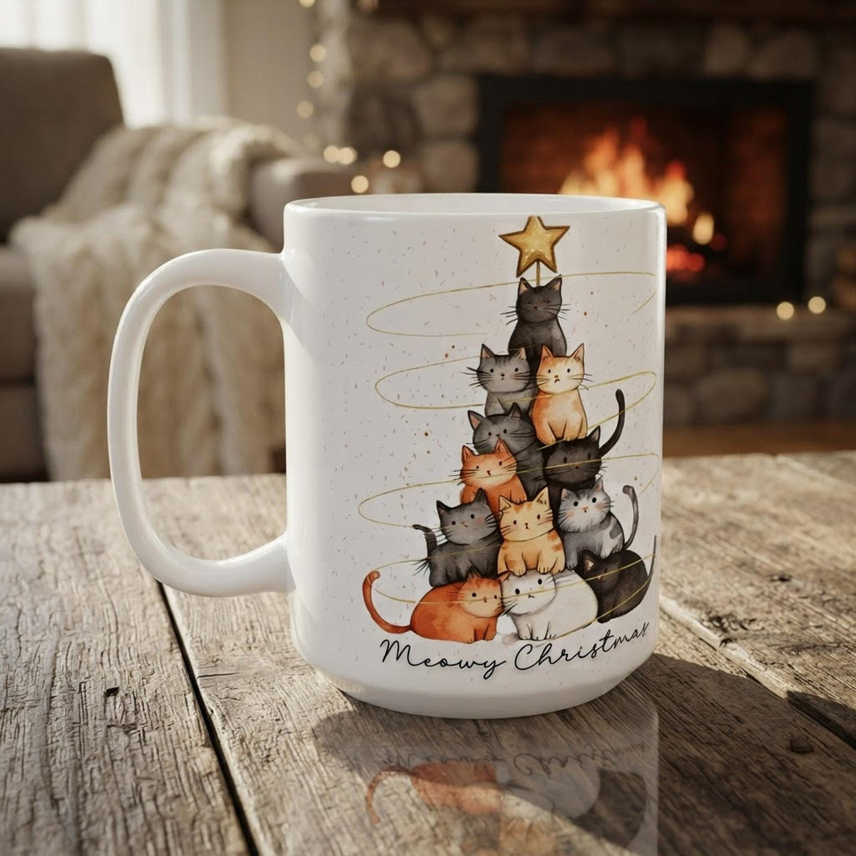 Christmas Cat Mug, White Ceramic Coffee Cup in 11oz or 15oz Sizes