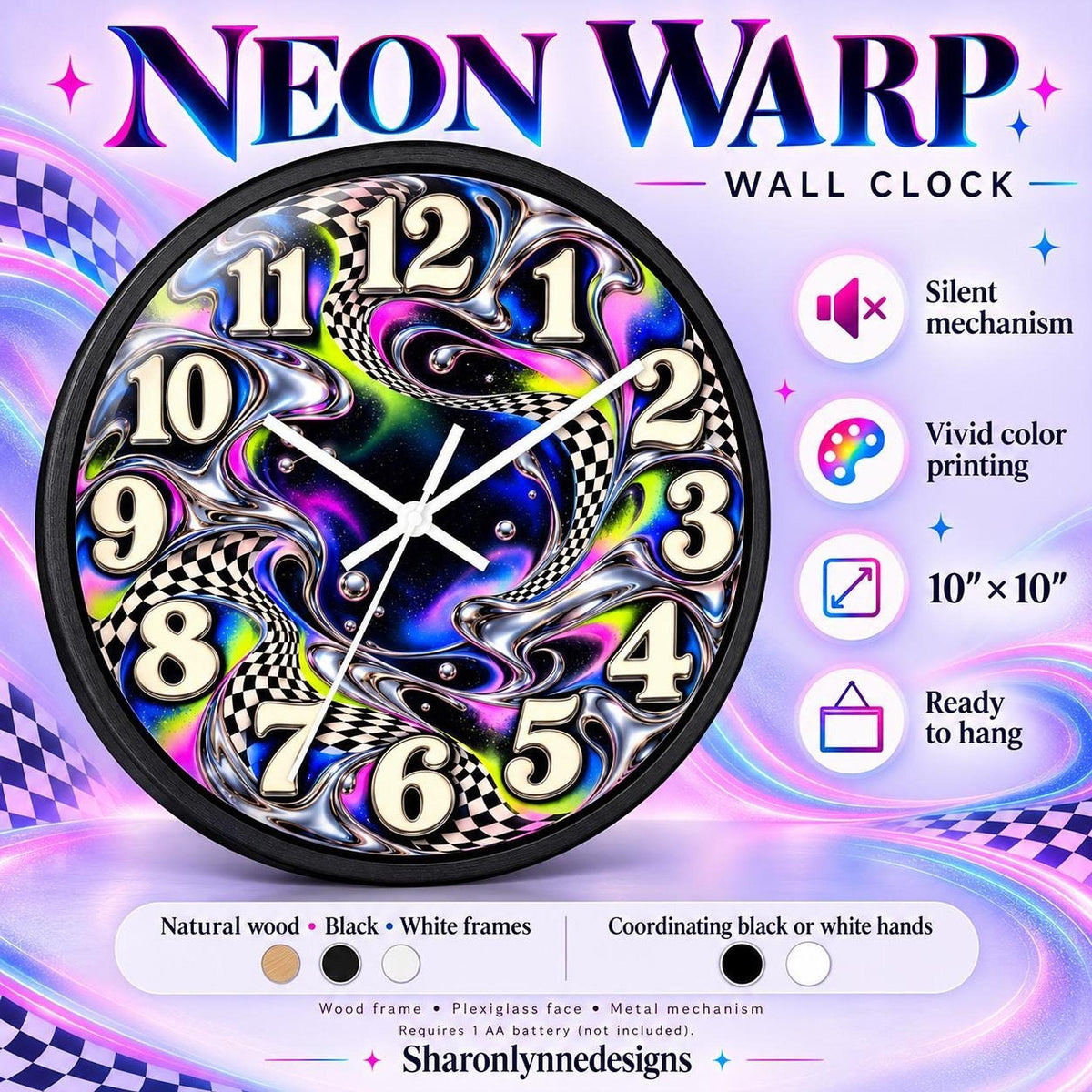 Abstract Wall Clock, 10-Inch Colorful Psychedelic Design with Silent Mechanism