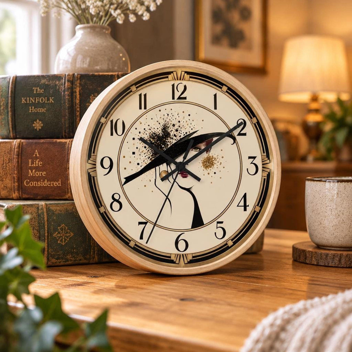 Art Deco Wall Clock, 10 x 10 Inch Silent with Wood Frame
