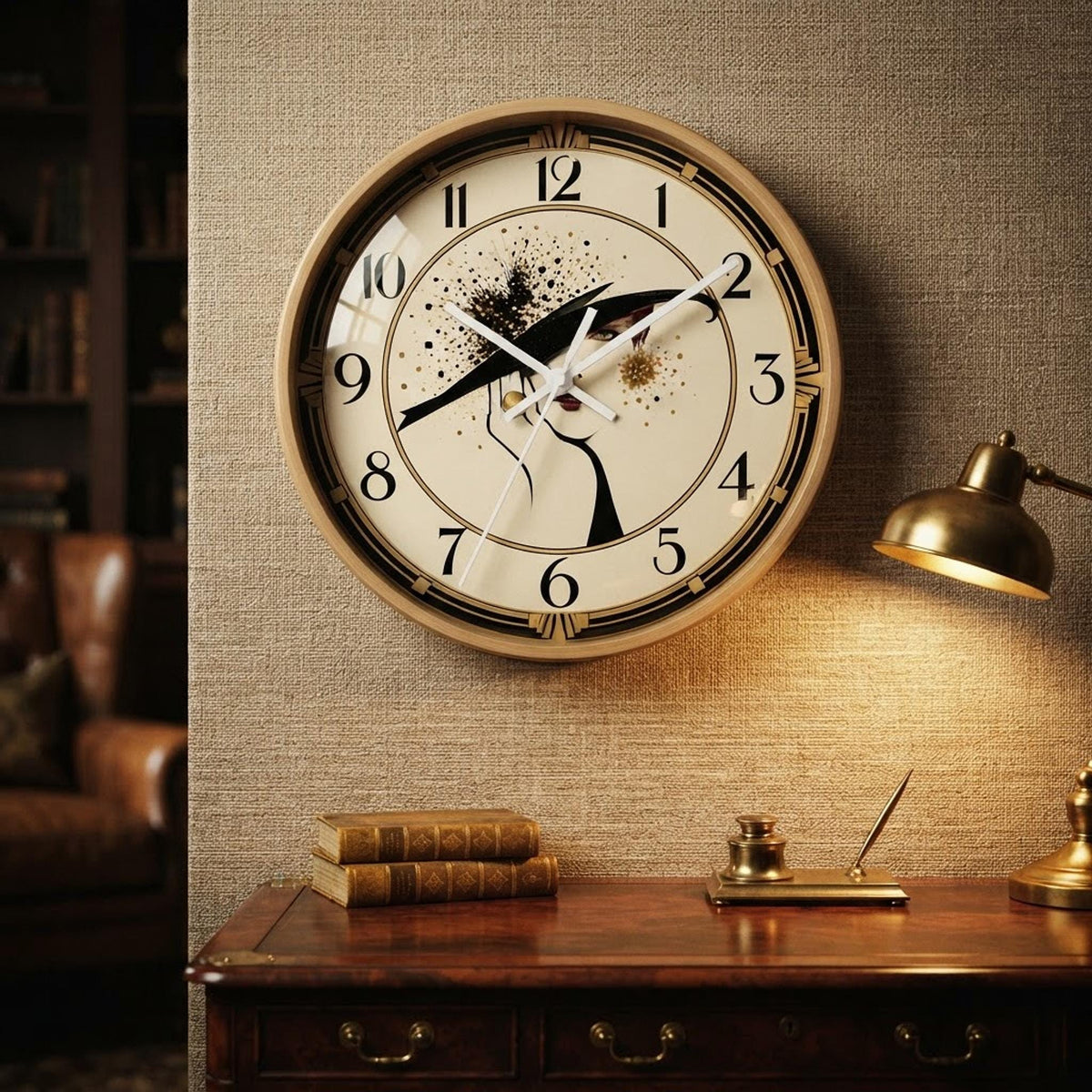 Art Deco Wall Clock, 10 x 10 Inch Silent with Wood Frame