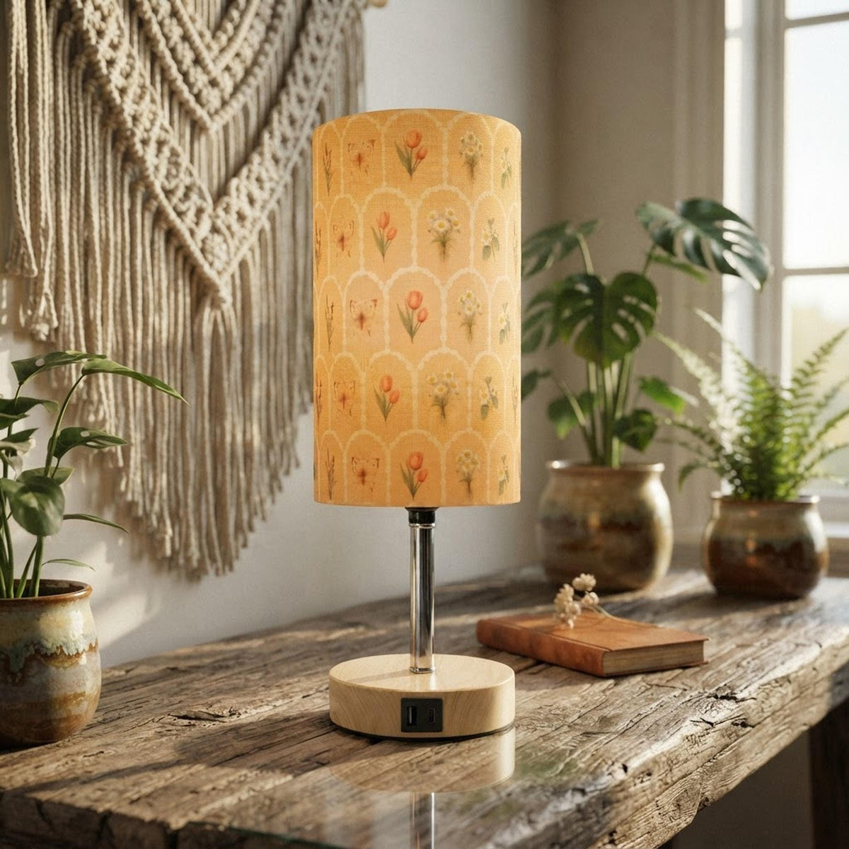 Bedside Table Lamp With Peach Blossoms, Touch Dimming, USB and Type-C Charging