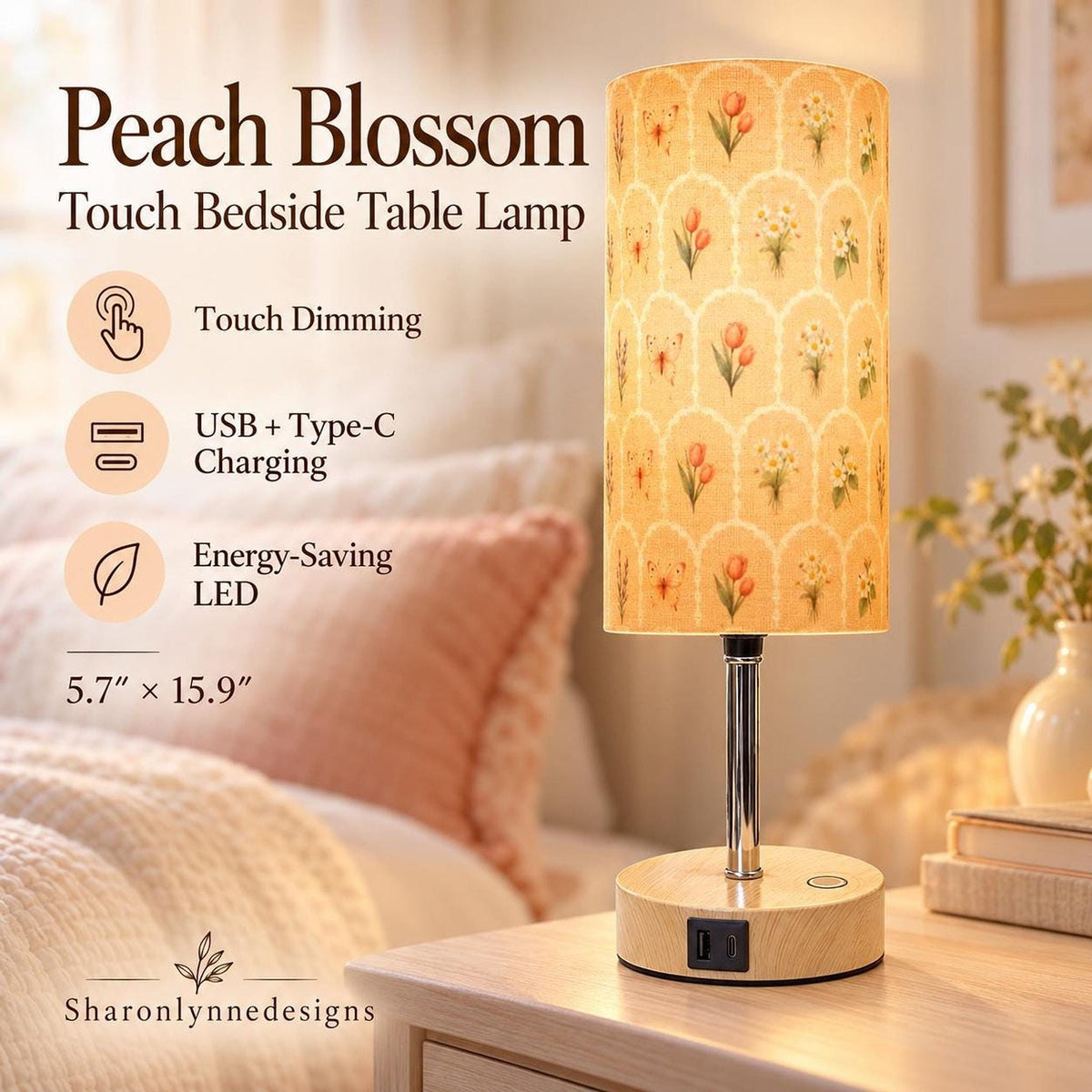 Bedside Table Lamp With Peach Blossoms, Touch Dimming, USB and Type-C Charging