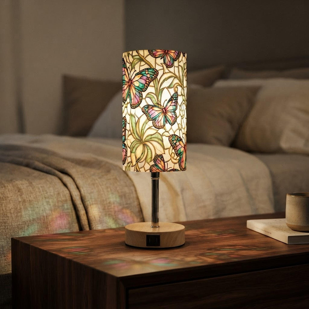 Butterfly Touch Bedside Lamp, 15.9-Inch Fabric Shade with USB and Type-C Charging