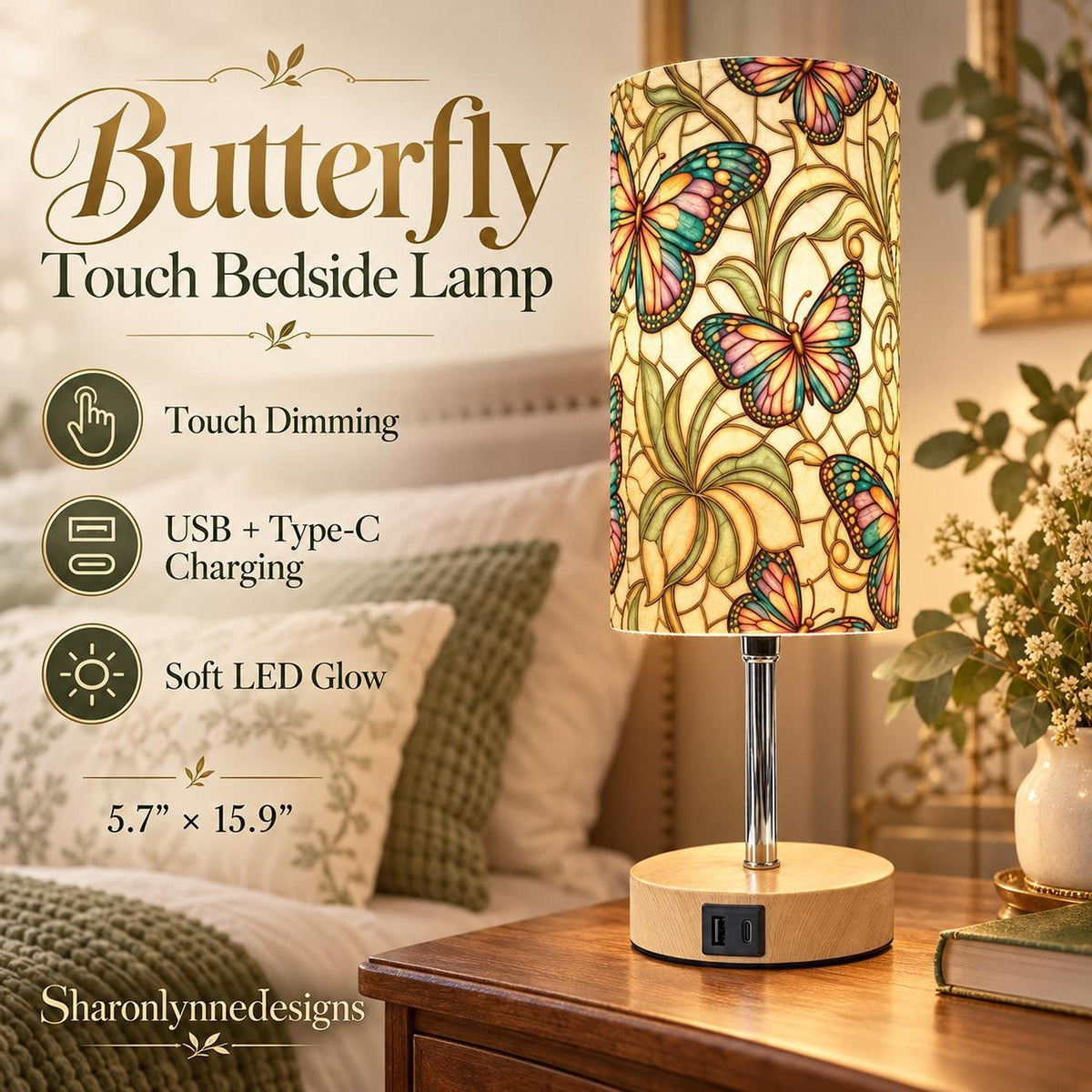 Butterfly Touch Bedside Lamp, 15.9-Inch Fabric Shade with USB and Type-C Charging