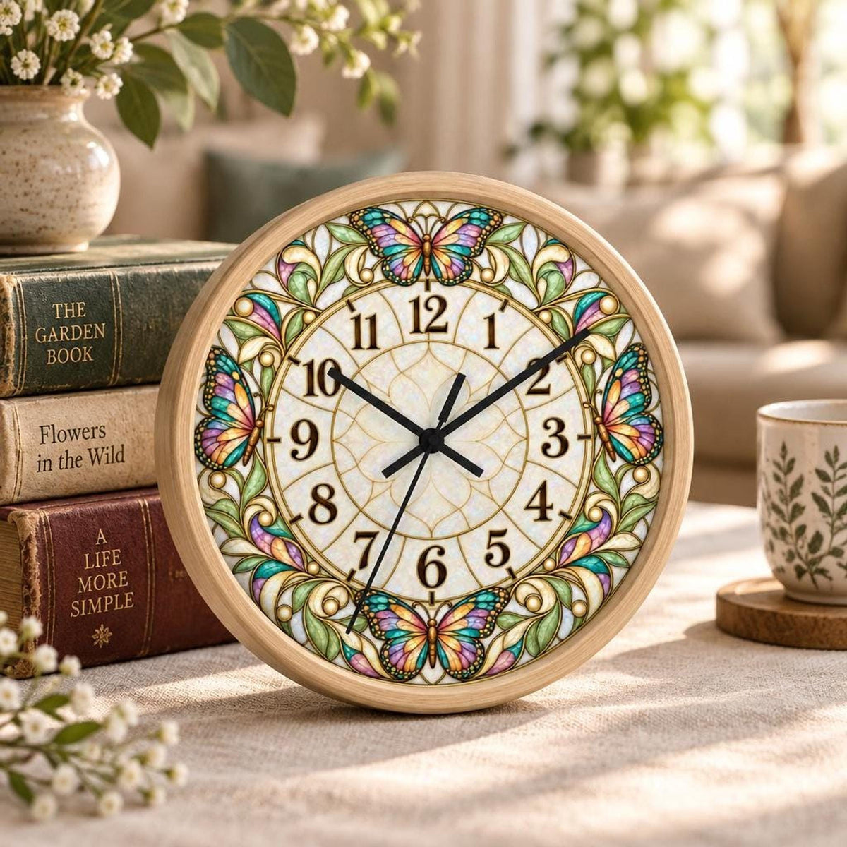 Stained Glass Butterflies Wall Clock | Vintage Floral Art Deco Timepiece