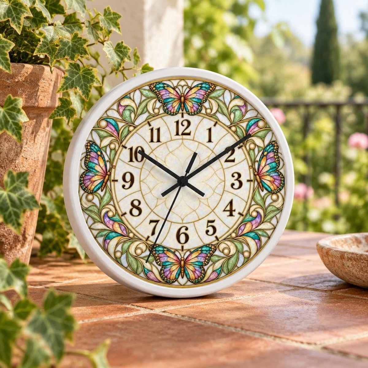 Stained Glass Butterflies Wall Clock | Vintage Floral Art Deco Timepiece