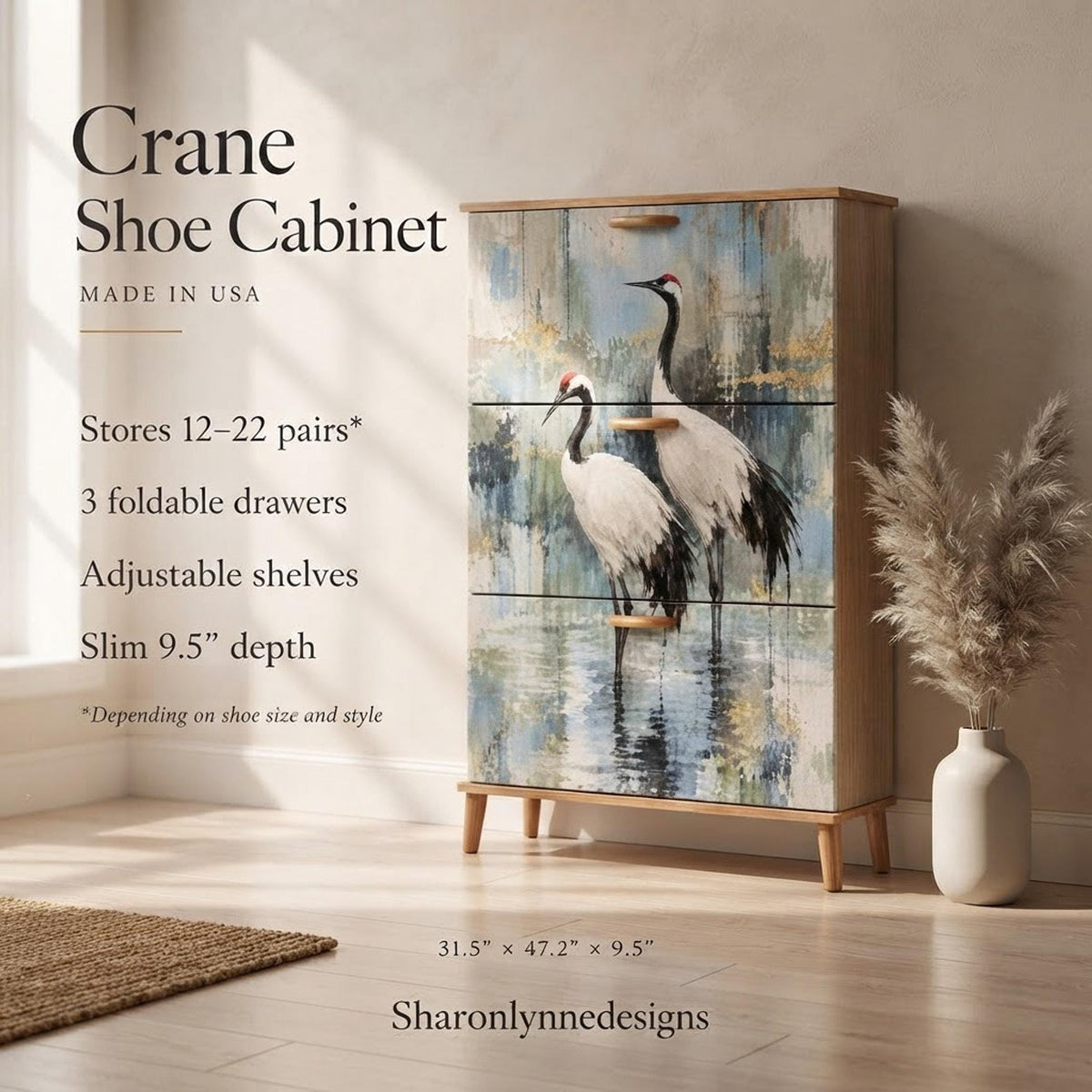 Shoe Storage Cabinet With Crane Art, 9.5-Inch Slim MDF Entryway Furniture