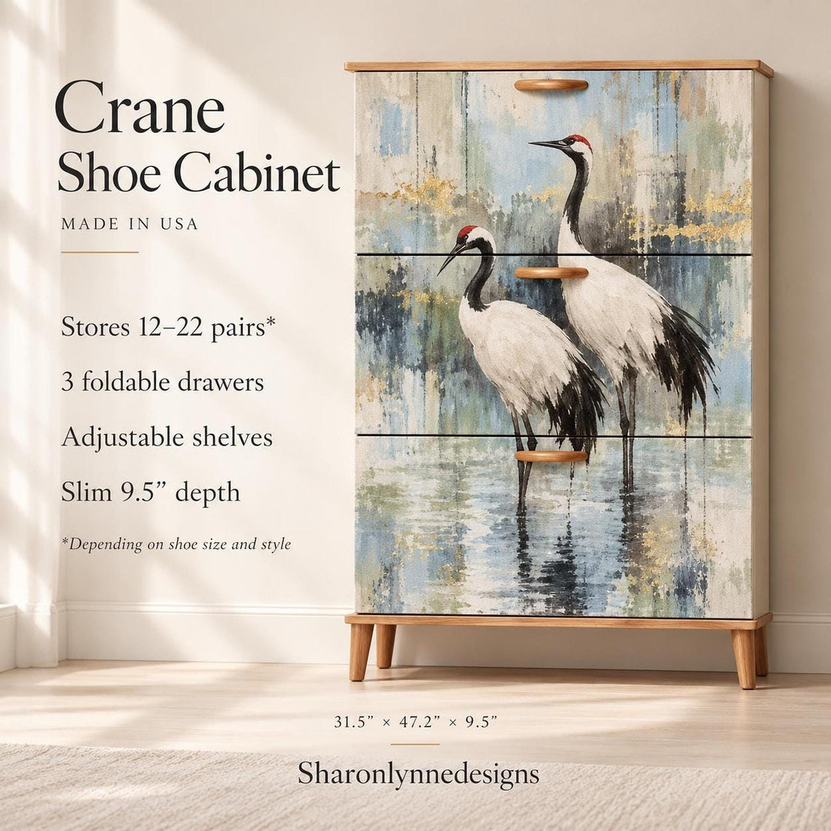Shoe Storage Cabinet With Crane Art, 9.5-Inch Slim MDF Entryway Furniture