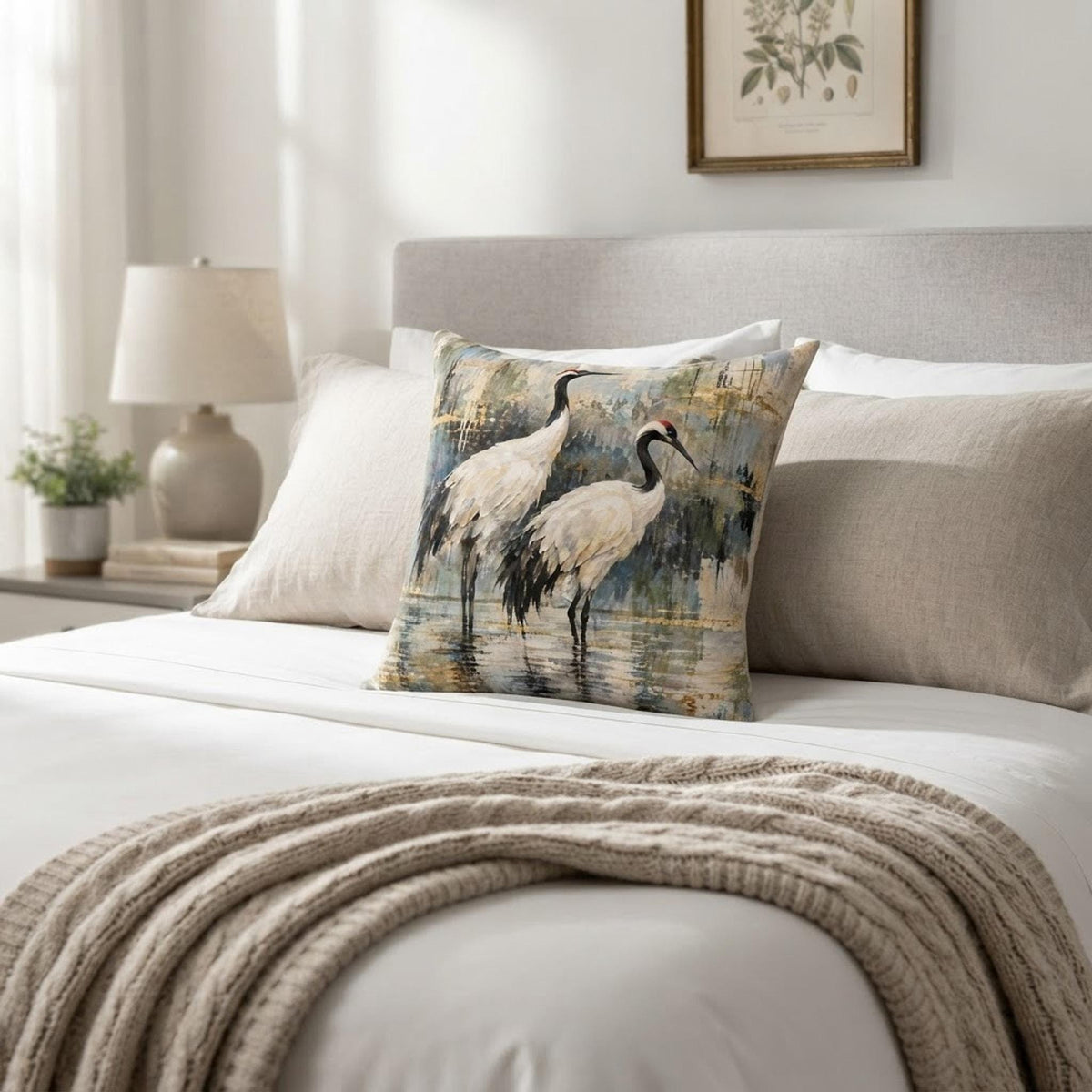 Crane Square Pillow, Faux Suede Cover with Double-Sided Painterly Print