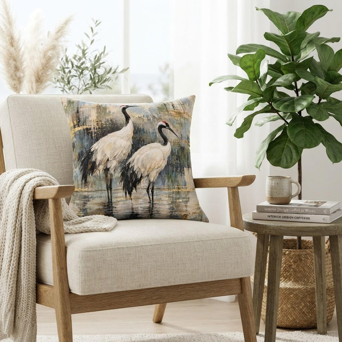 Crane Square Pillow, Faux Suede Cover with Double-Sided Painterly Print
