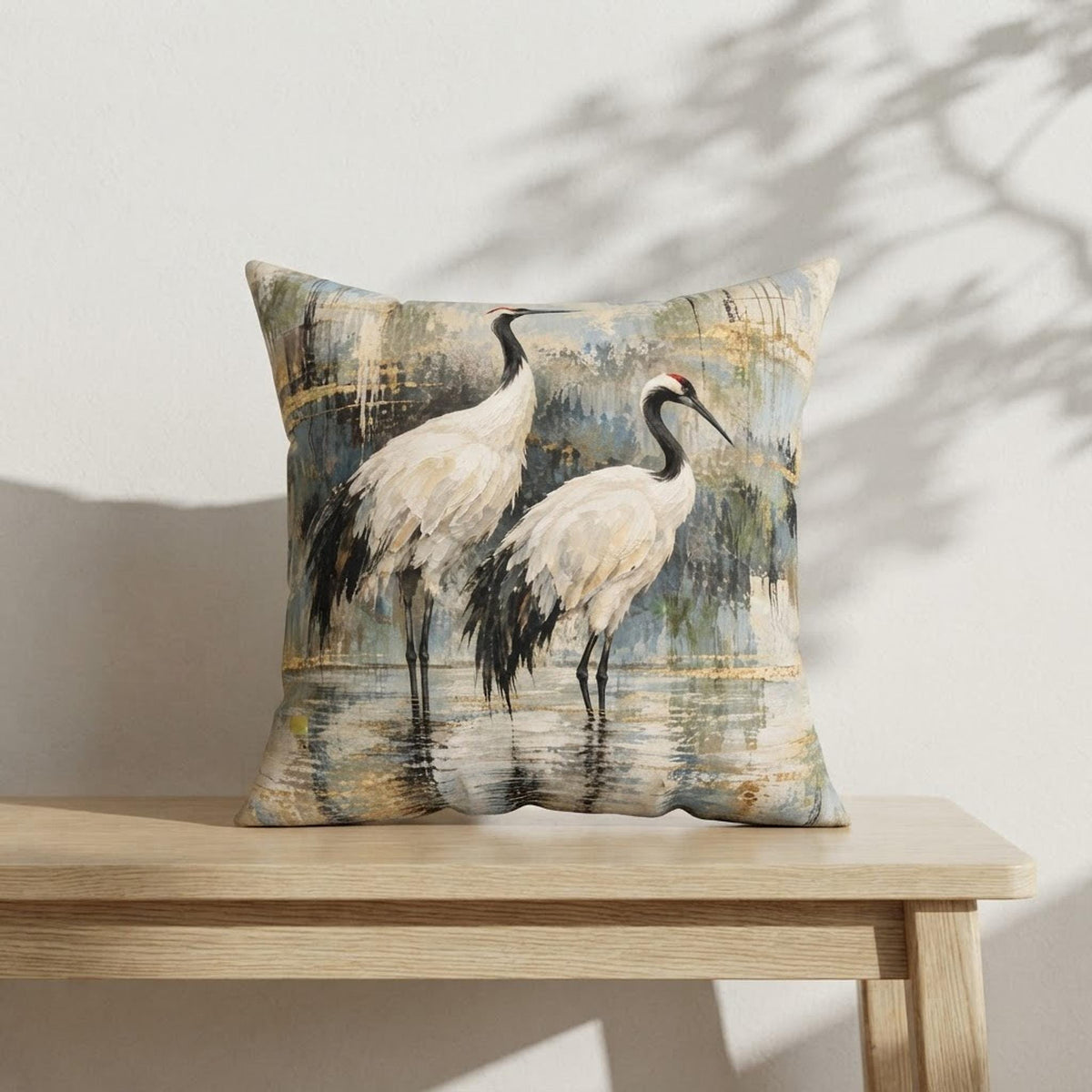 Crane Square Pillow, Faux Suede Cover with Double-Sided Painterly Print