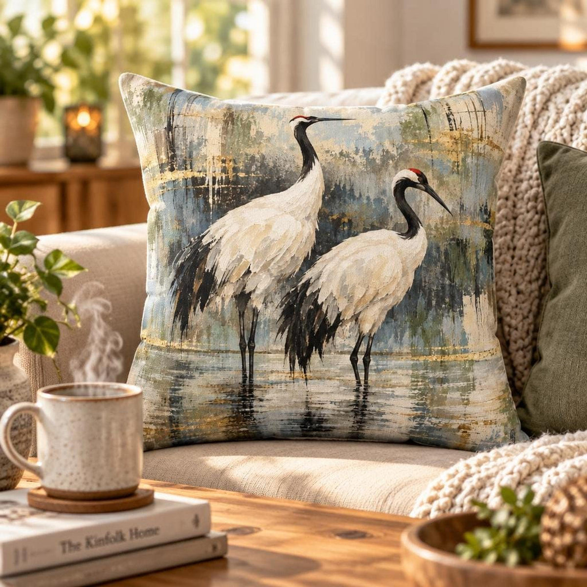 Crane Square Pillow, Faux Suede Cover with Double-Sided Painterly Print