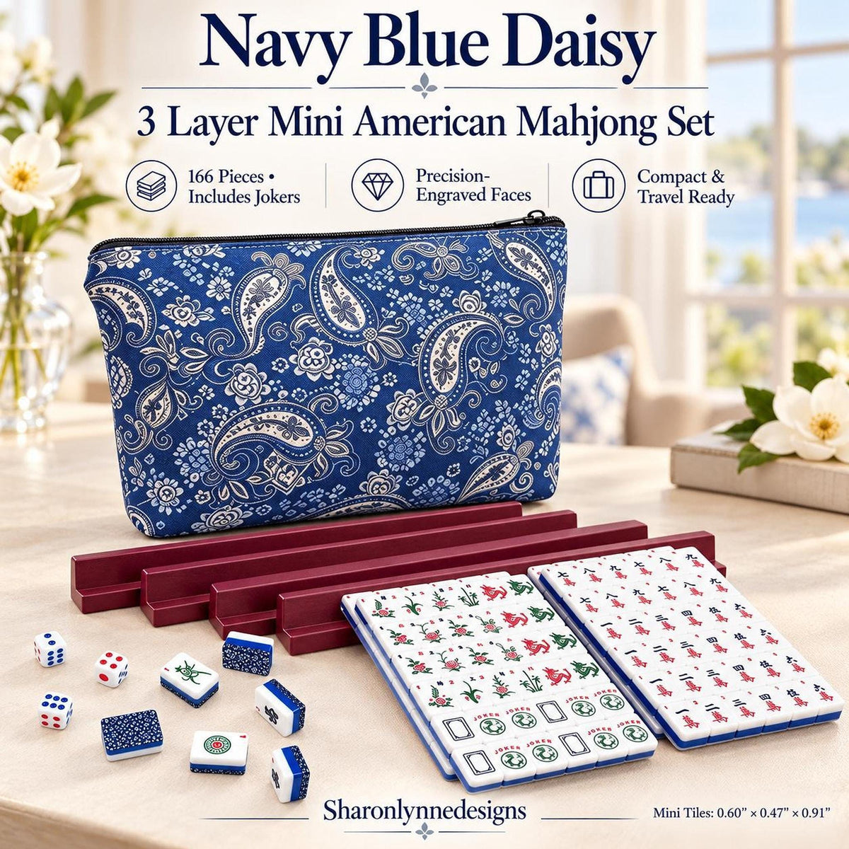 Mini Mahjong Set, Navy Blue Daisy Acrylic Tiles, 166-Tile American Game With Wooden Racks