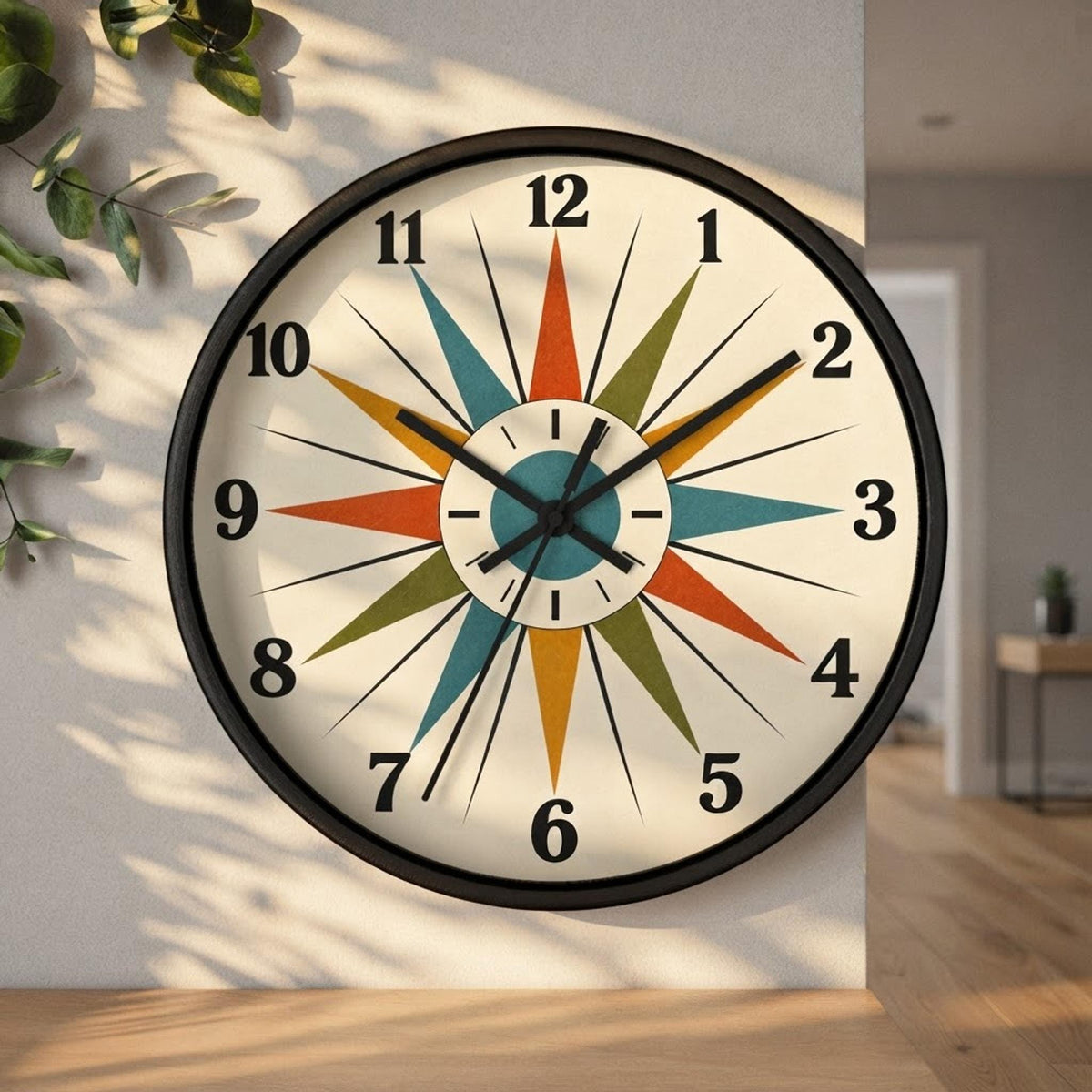 Mid Century Starburst Wall Clock, Wood Frame, Silent Mechanism