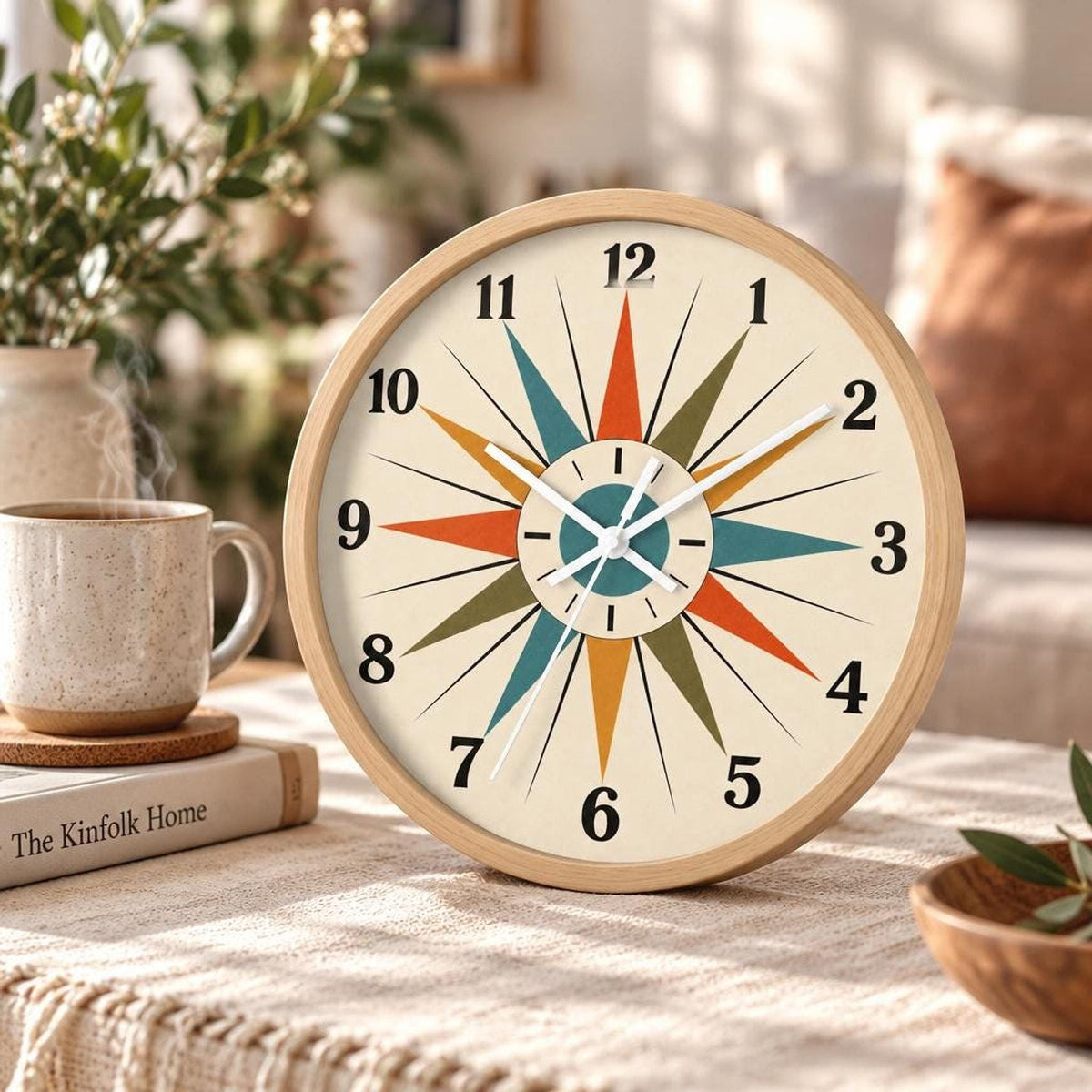 Mid Century Starburst Wall Clock, Wood Frame, Silent Mechanism