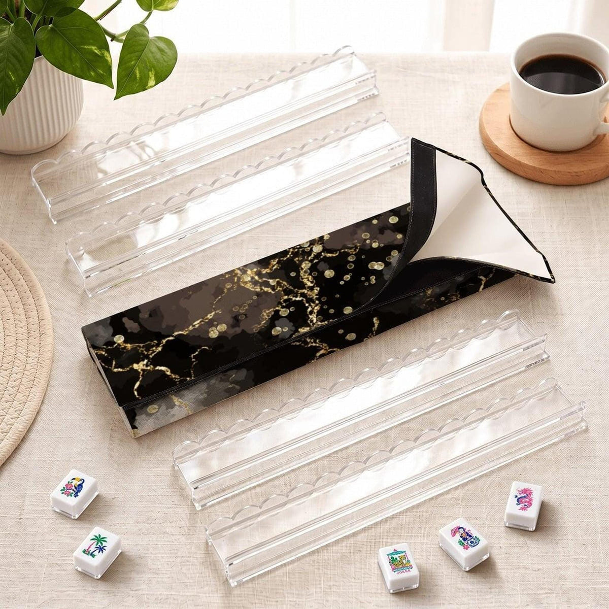 Black Marble Mahjong Rack Set, Four Extended Acrylic with Scalloped Pushers