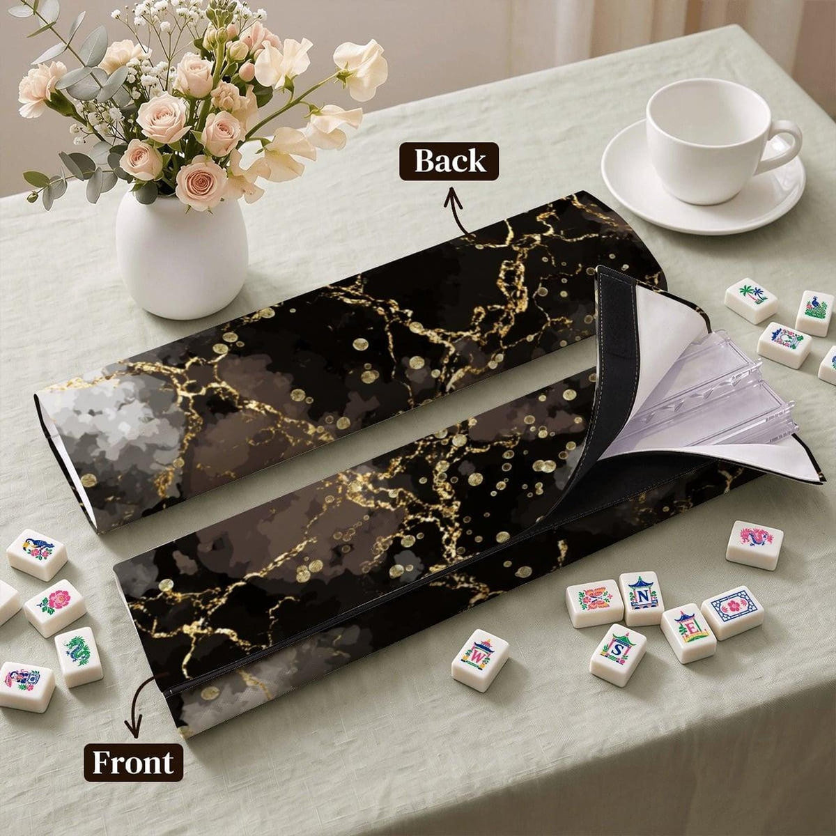 Black Marble Mahjong Rack Set, Four Extended Acrylic with Scalloped Pushers