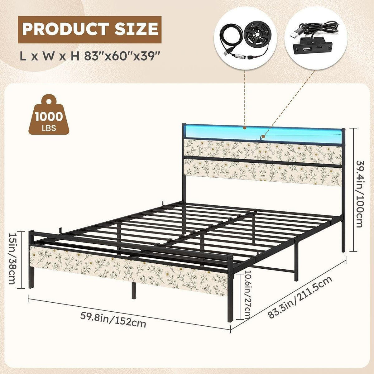 Floral Bed Frame, Iron and Wood Cottage Style with LED Lights
