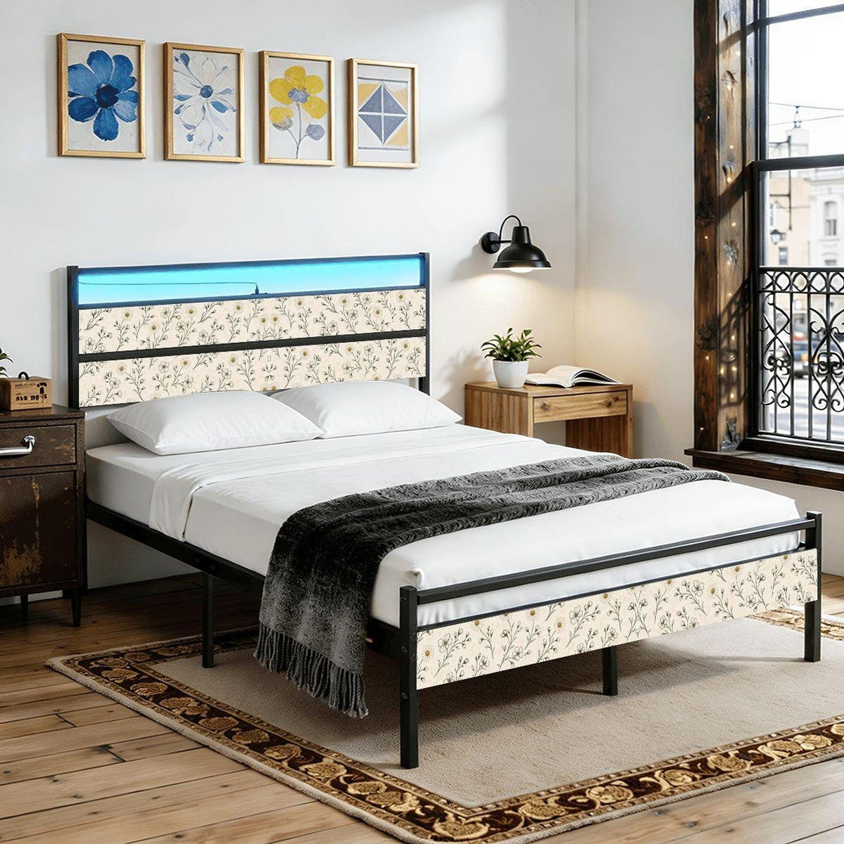 Floral Bed Frame, Iron and Wood Cottage Style with LED Lights