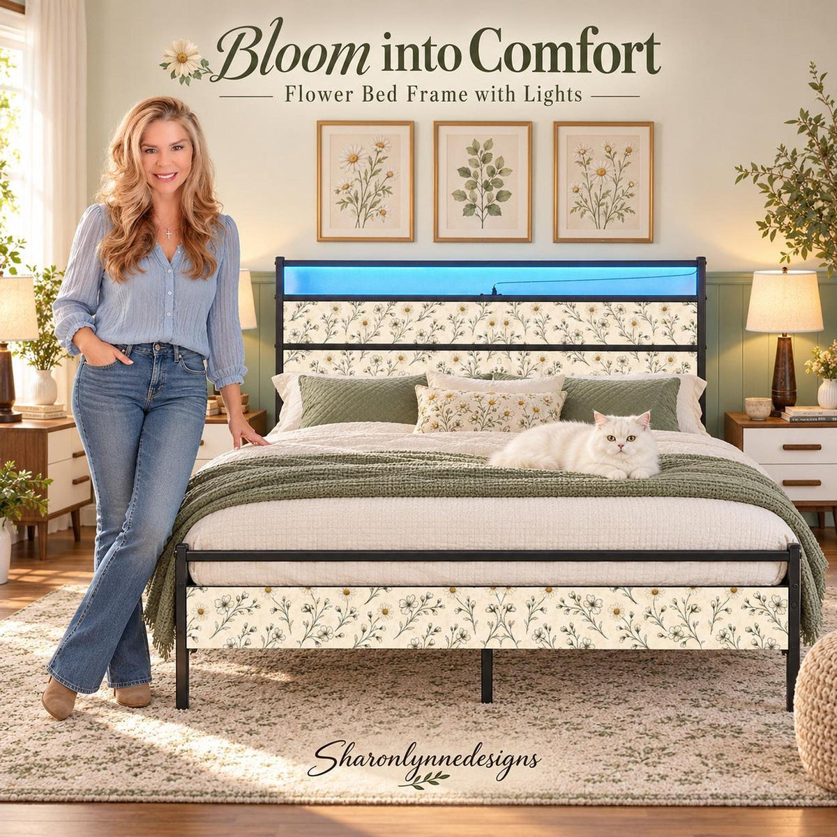 Floral Bed Frame, Iron and Wood Cottage Style with LED Lights