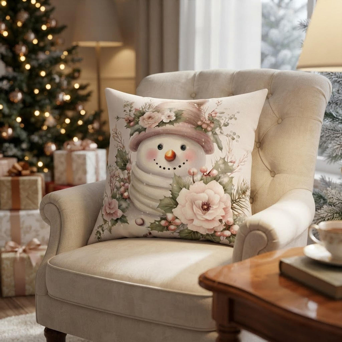 Floral Snowman Pillow, Square 100% Spun Polyester Cover, Double-Sided Print