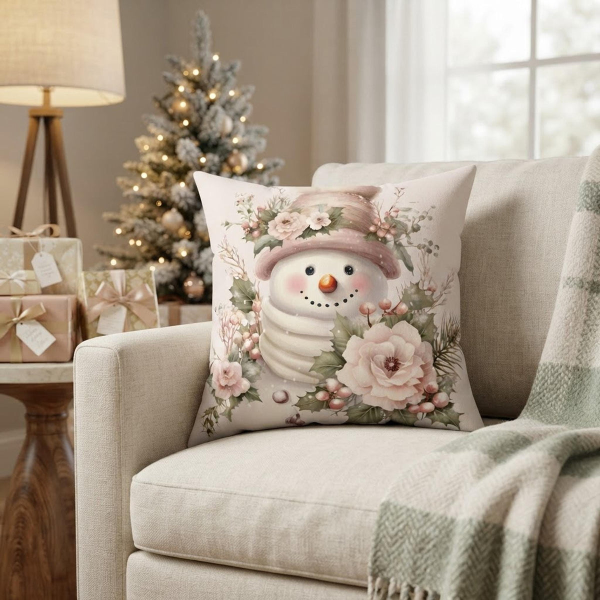 Floral Snowman Pillow, Square 100% Spun Polyester Cover, Double-Sided Print