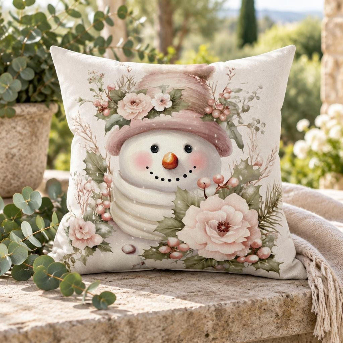 Floral Snowman Pillow, Square 100% Spun Polyester Cover, Double-Sided Print