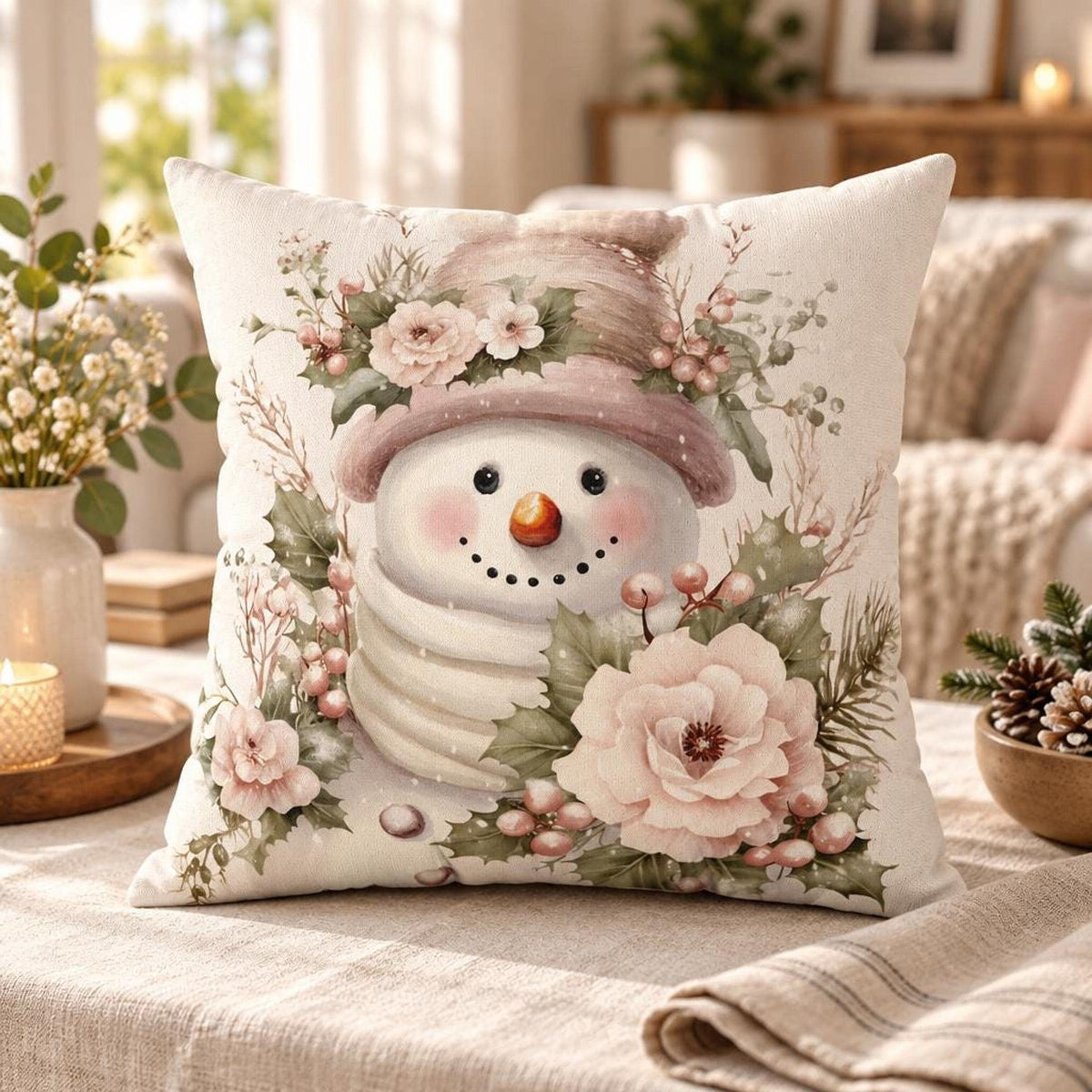 Floral Snowman Pillow, Square 100% Spun Polyester Cover, Double-Sided Print