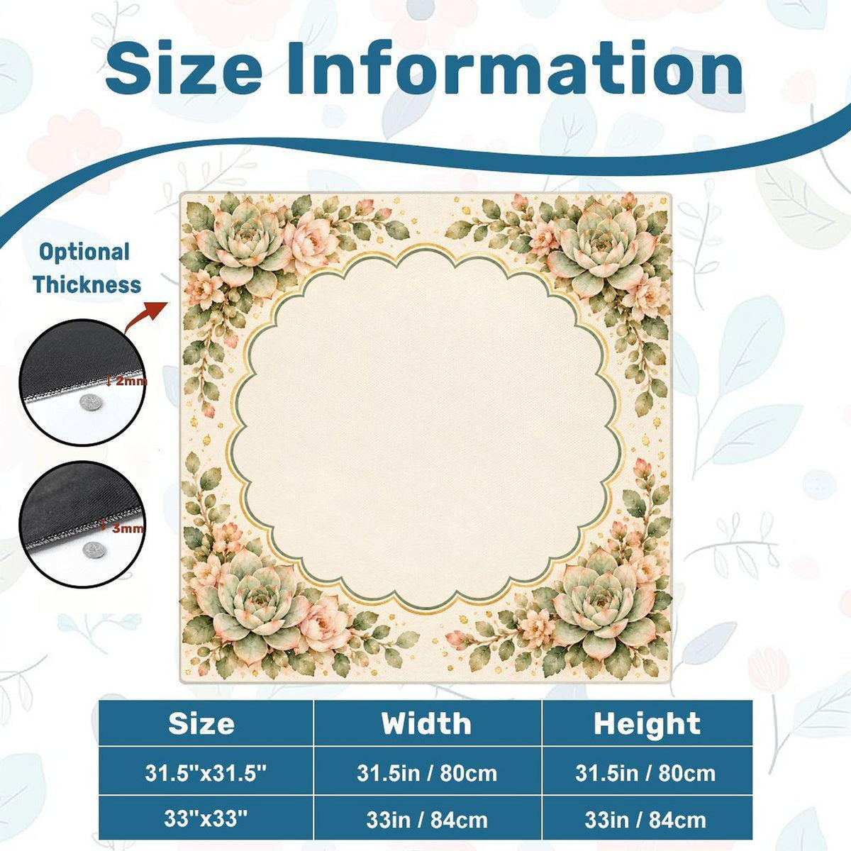 Floral Mahjong Mat, Watercolor Succulents on Polyester with Rubber Base