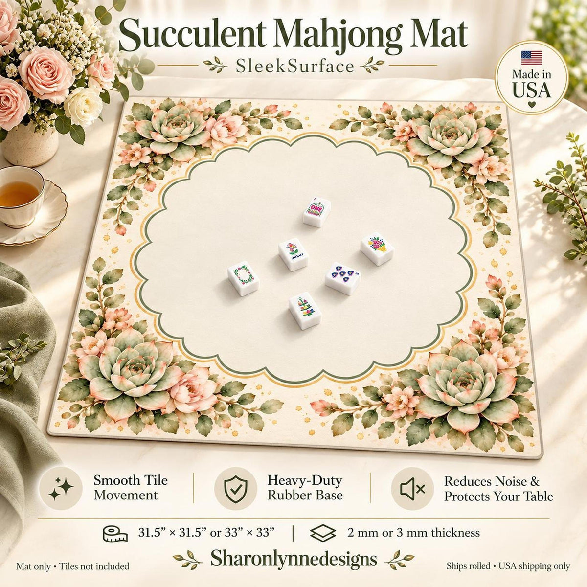 Floral Mahjong Mat, Watercolor Succulents on Polyester with Rubber Base