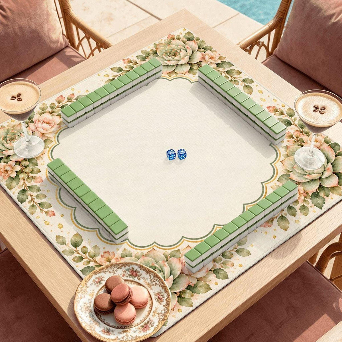 Floral Mahjong Mat, Watercolor Succulents on Polyester with Rubber Base