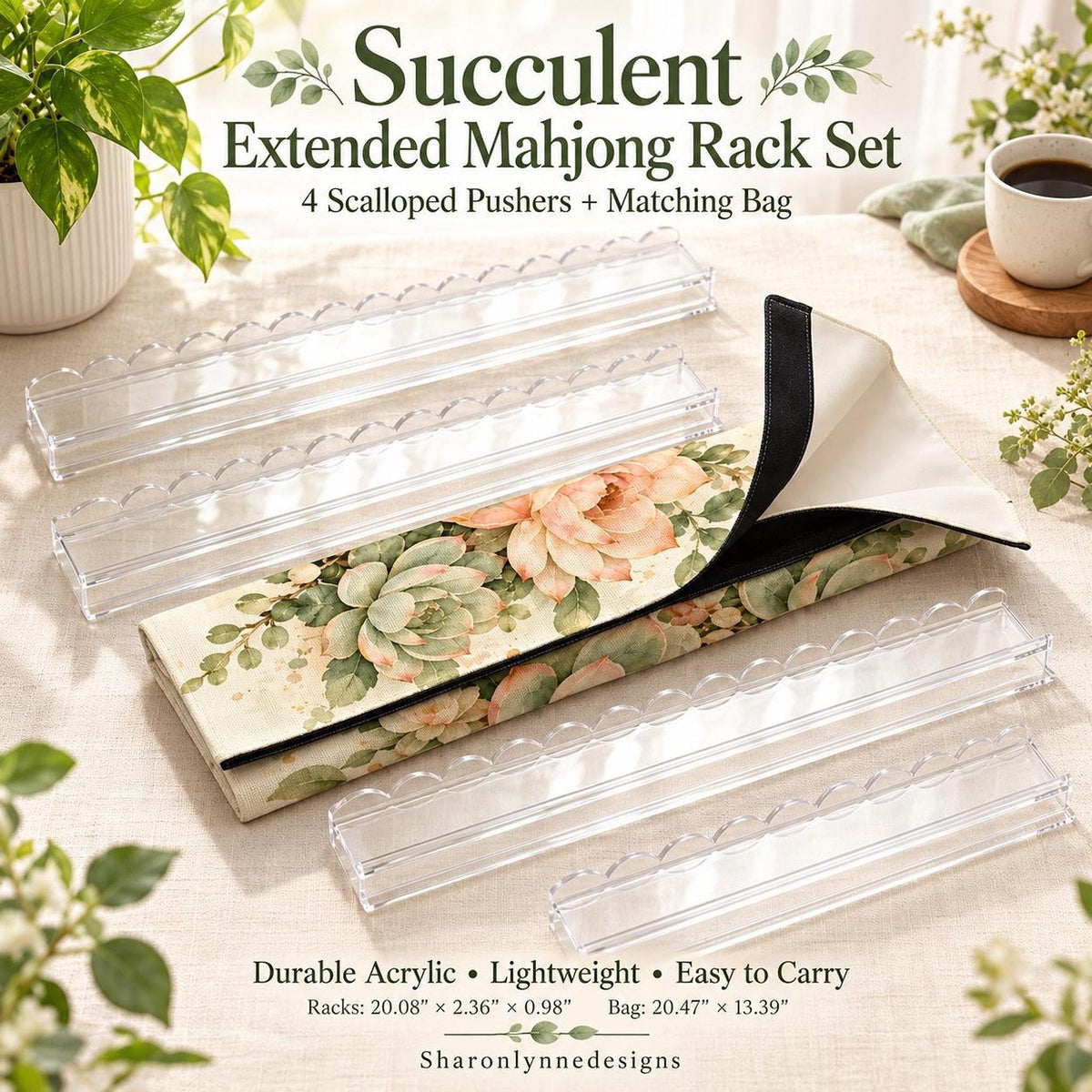 Succulent Extended Mahjong Rack Set 4pcs Scalloped Pushers with Bag