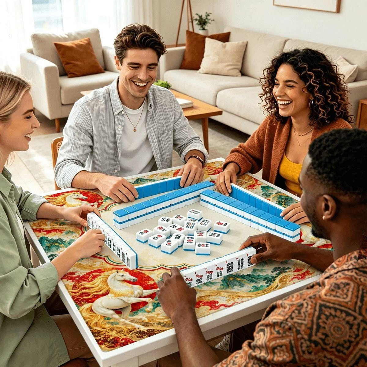 Horse Mahjong Mat, Polyester Surface with Rubber Backing and Storage Bag