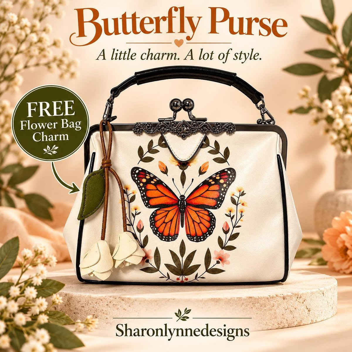 Butterfly Kiss Lock Purse, Waxed PU Leather Crossbody Bag with Floral Print