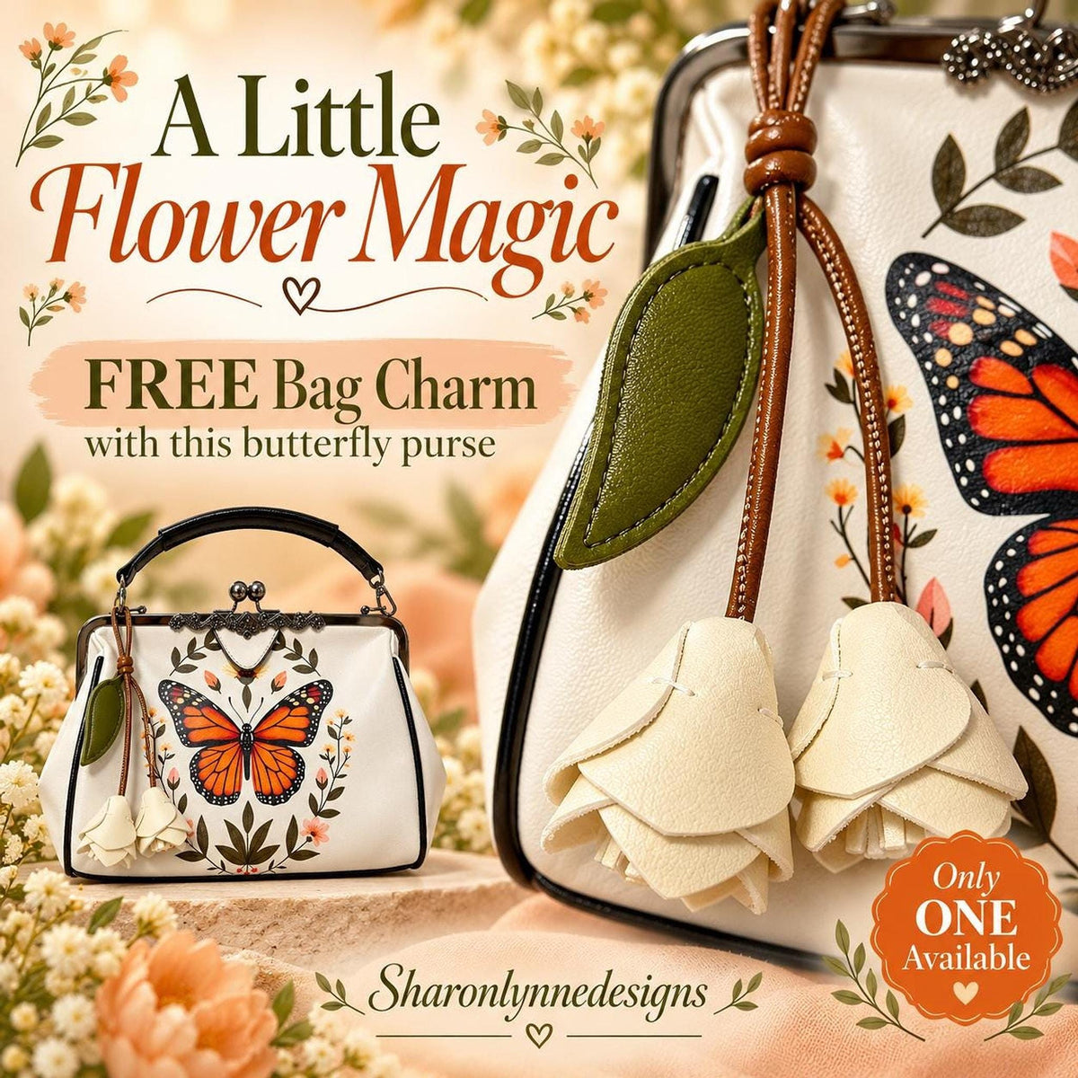 Butterfly Kiss Lock Purse, Waxed PU Leather Crossbody Bag with Floral Print