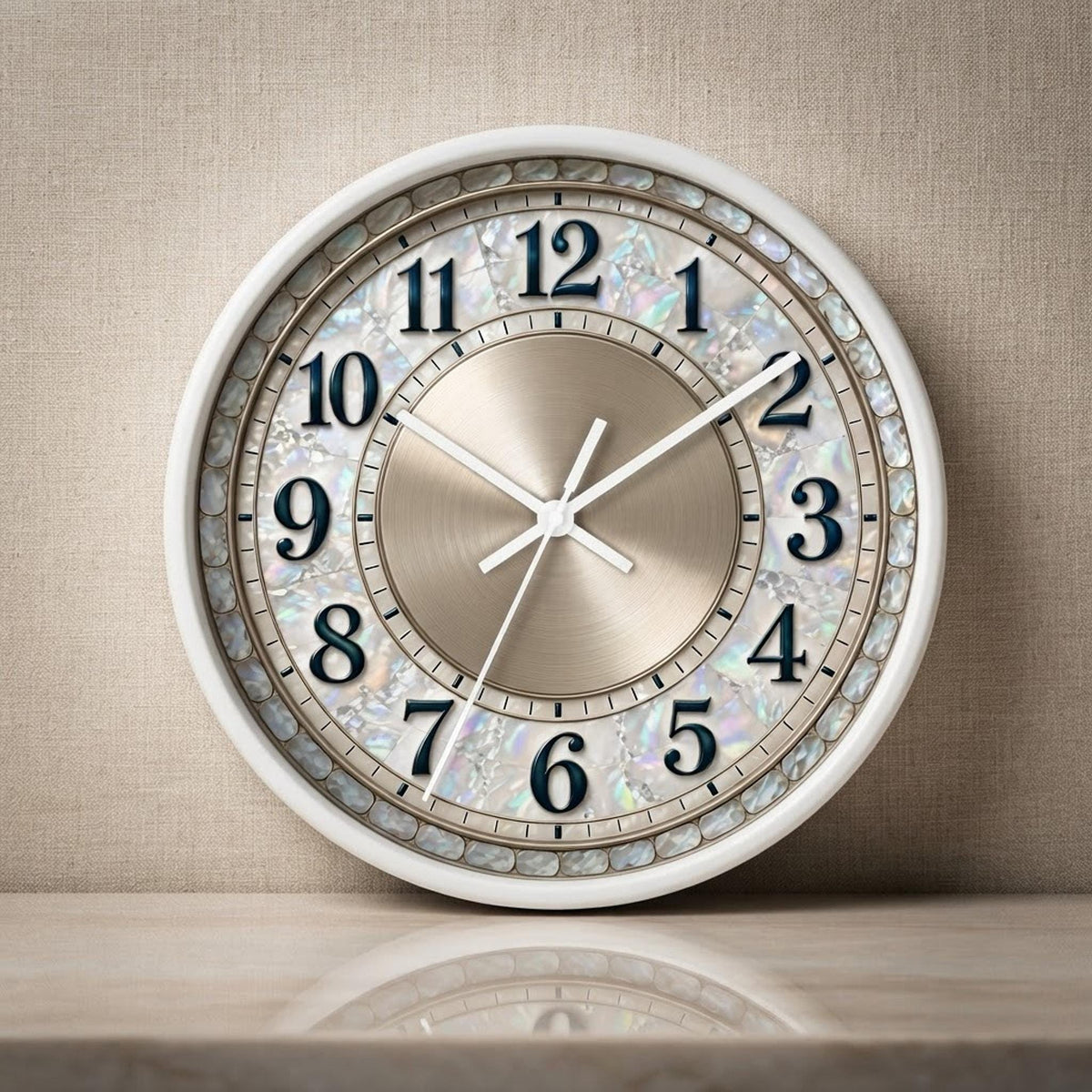 Mother-of-Pearl Wall Clock, Silent Sweep, Wood Frame (10x10x2")