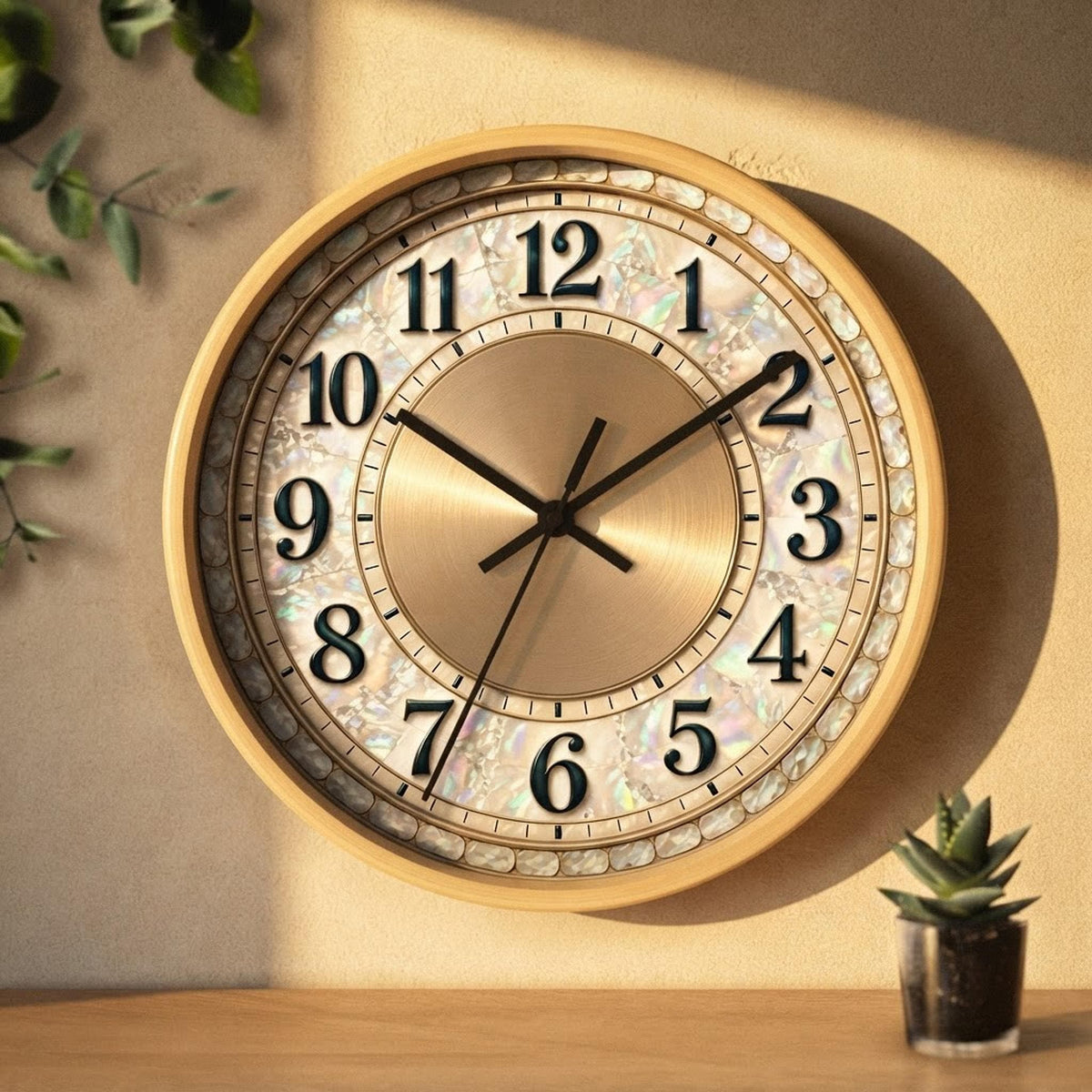 Mother-of-Pearl Wall Clock, Silent Sweep, Wood Frame (10x10x2")