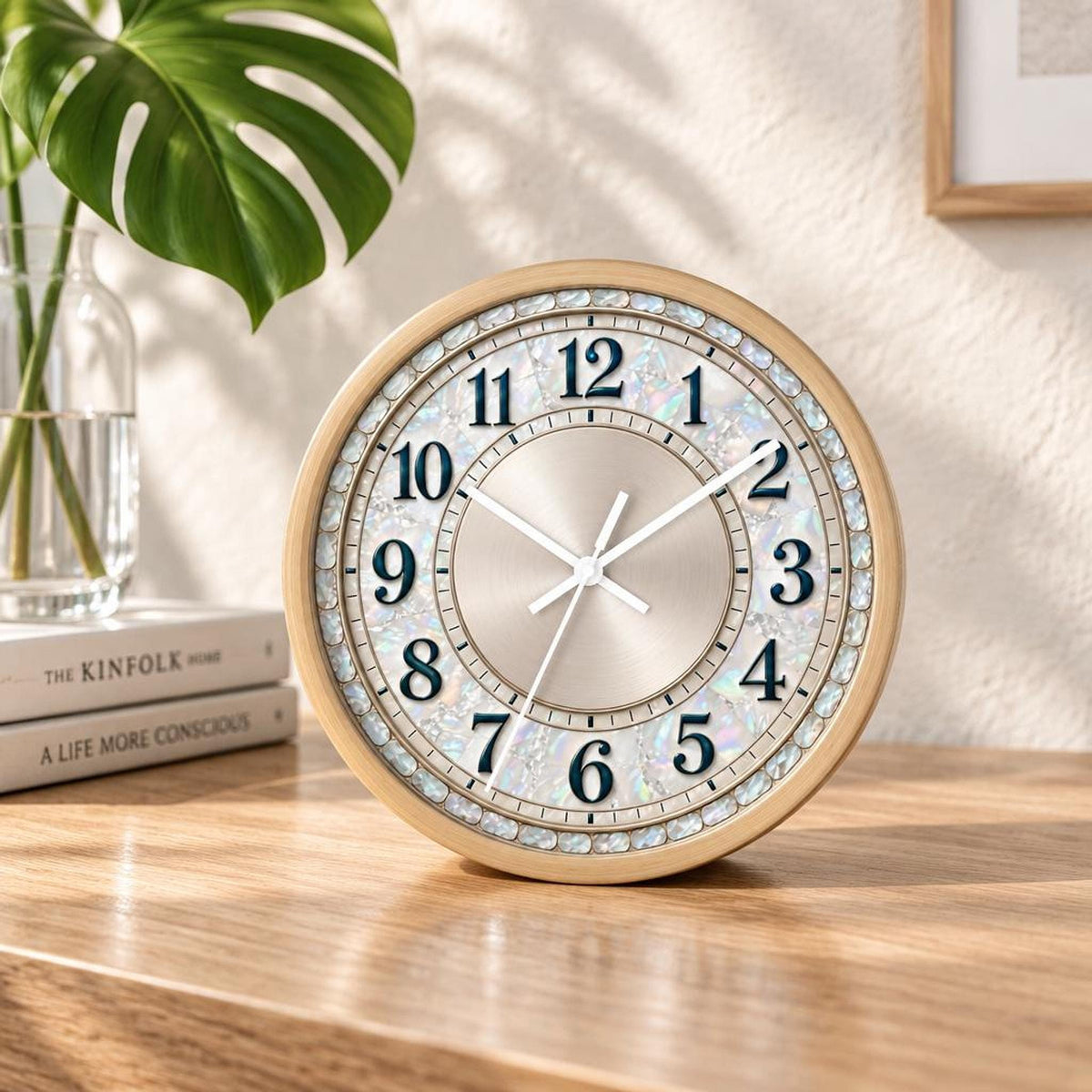 Mother-of-Pearl Wall Clock, Silent Sweep, Wood Frame (10x10x2")