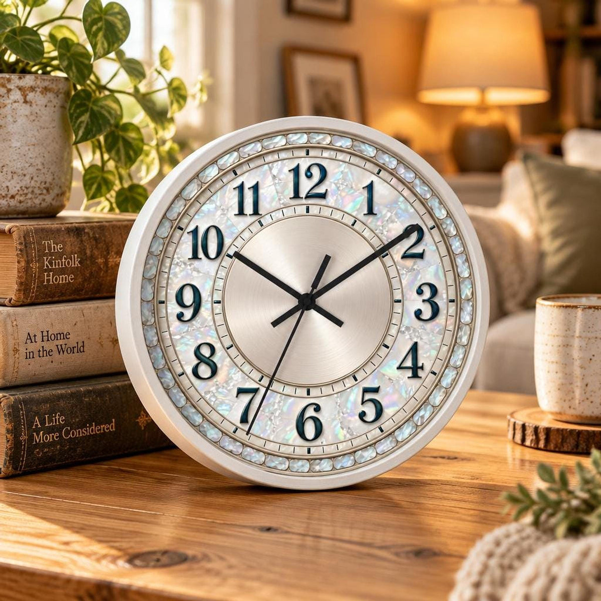 Mother-of-Pearl Wall Clock, Silent Sweep, Wood Frame (10x10x2")