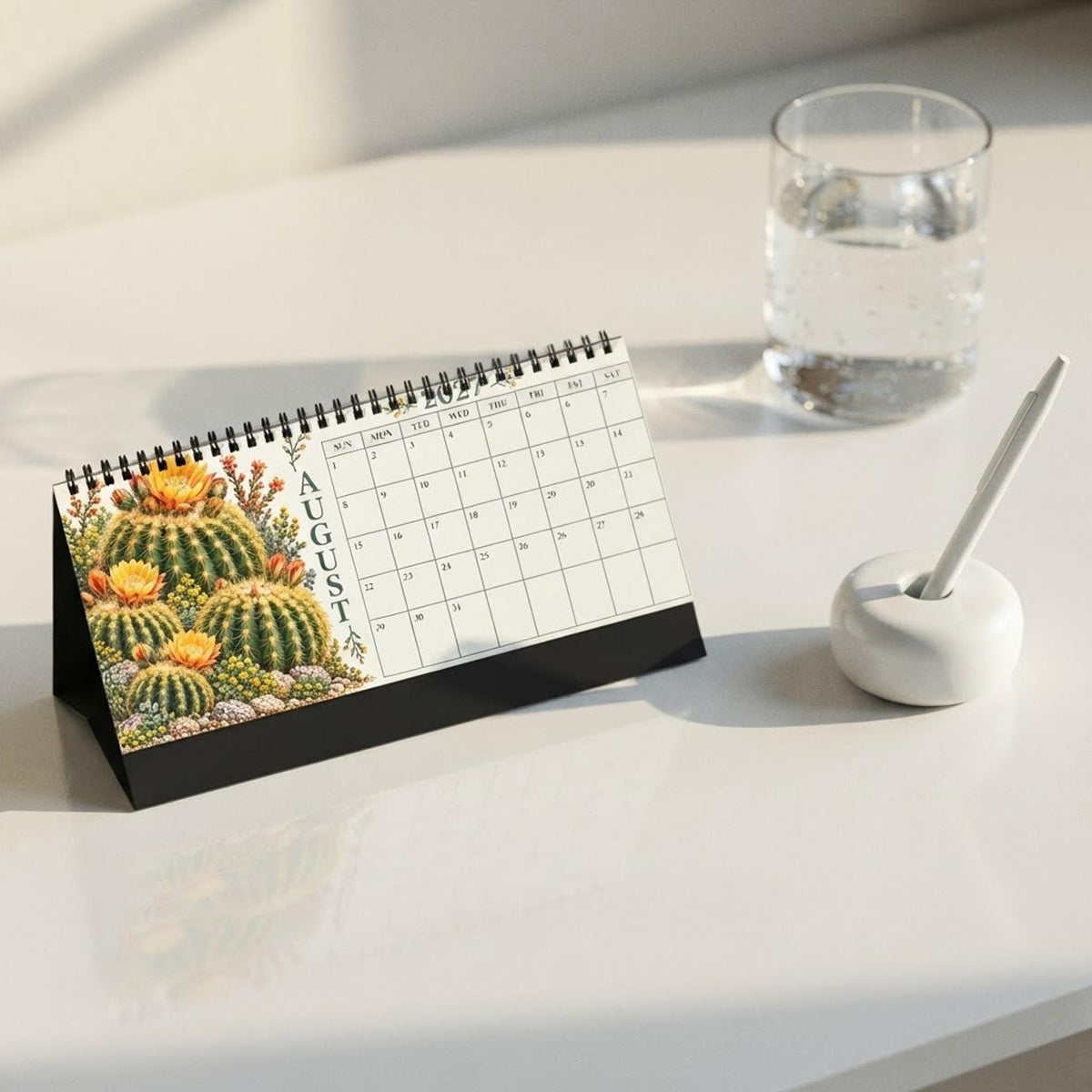 2027 Desk Calendar, Cactus and Succulent Art, Blank 10 x 5 Inch Spiral