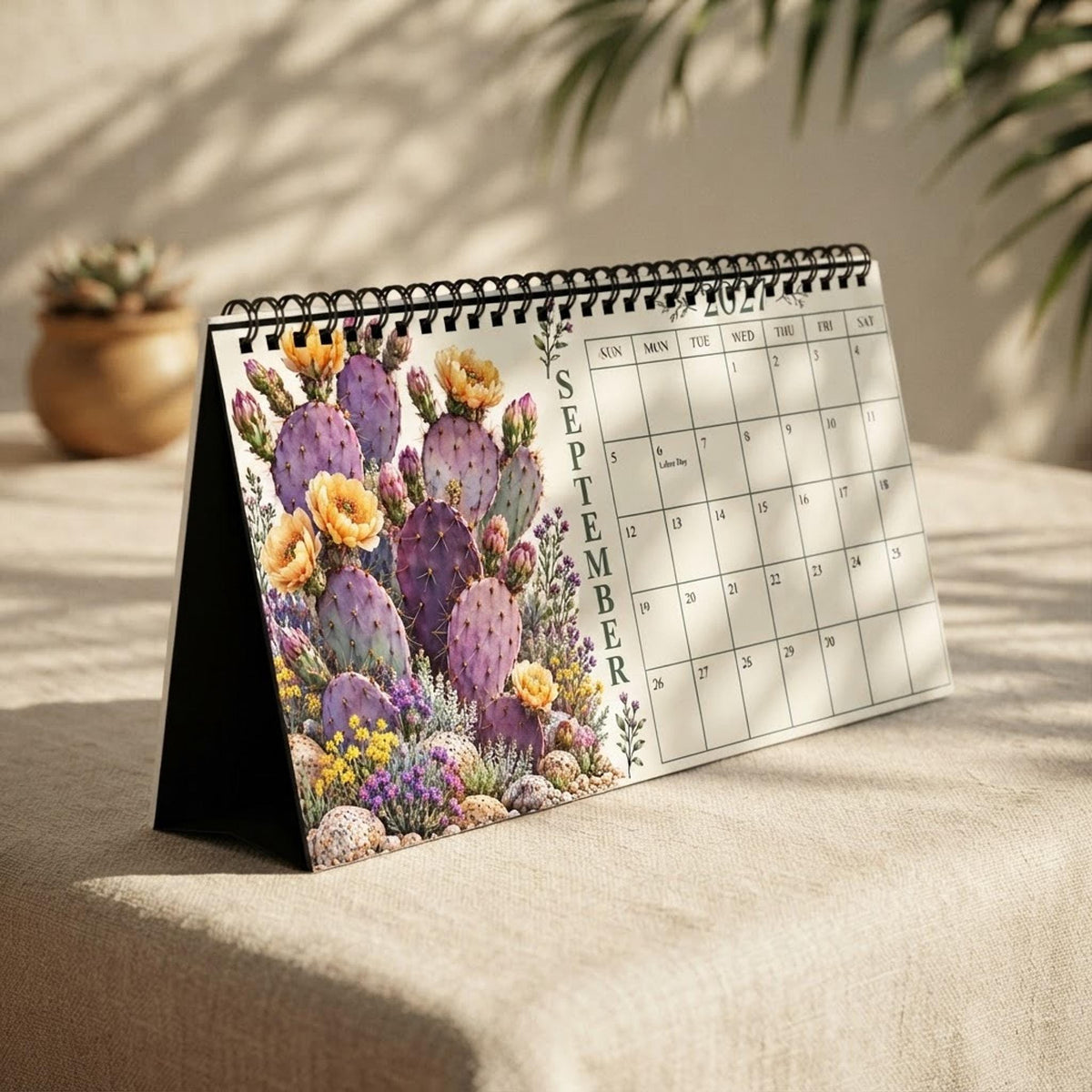 2027 Desk Calendar, Cactus and Succulent Art, Blank 10 x 5 Inch Spiral