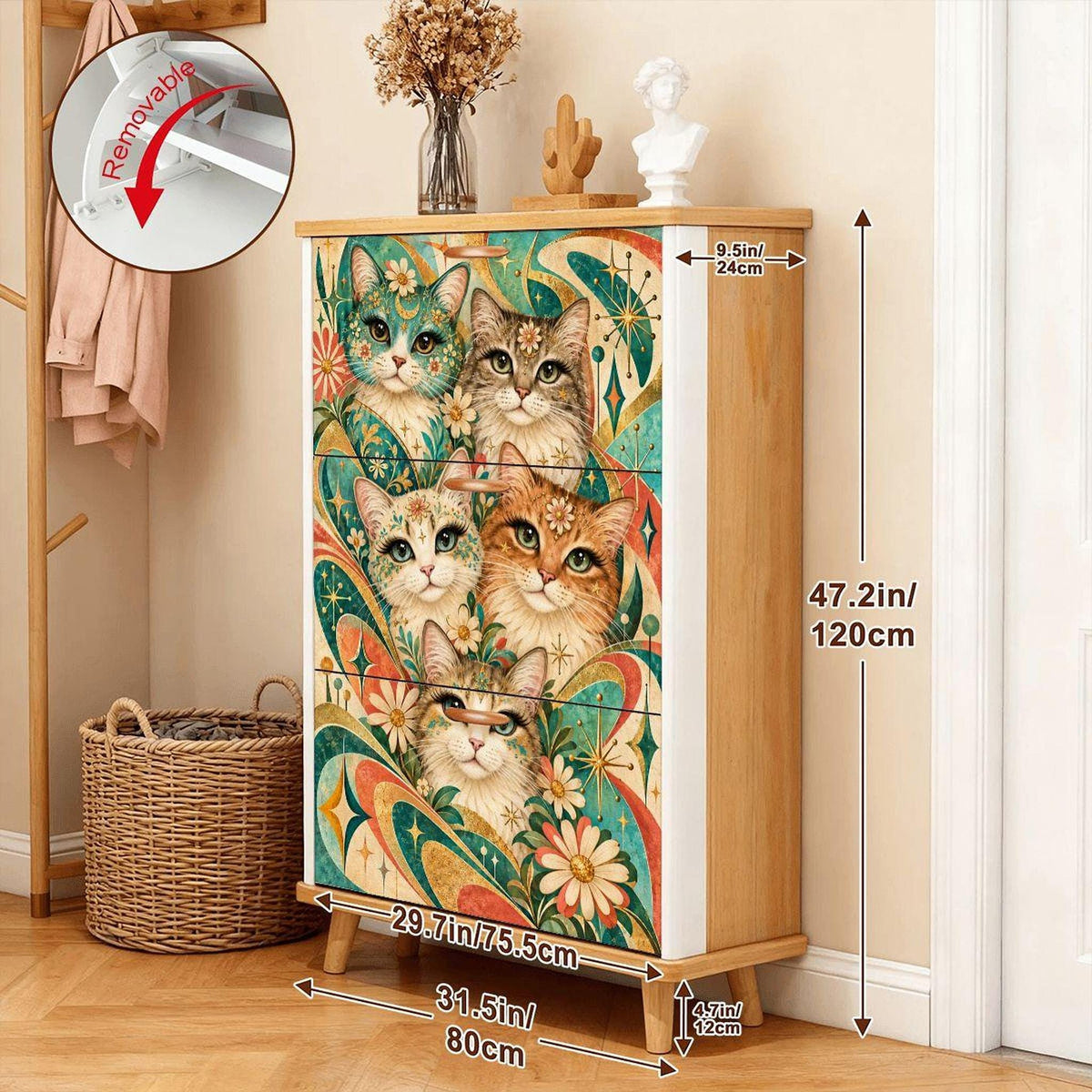 Cat Shoe Cabinet, MDF Storage with Three Foldable Drawers, Mid-Century Design