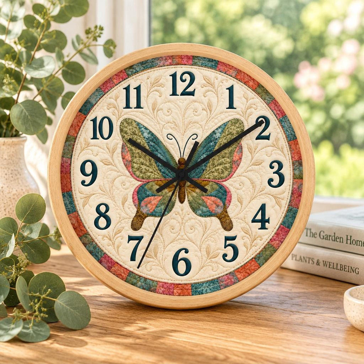Butterfly Clock, 10-Inch Wood Frame Floral Wall with Silent Mechanism